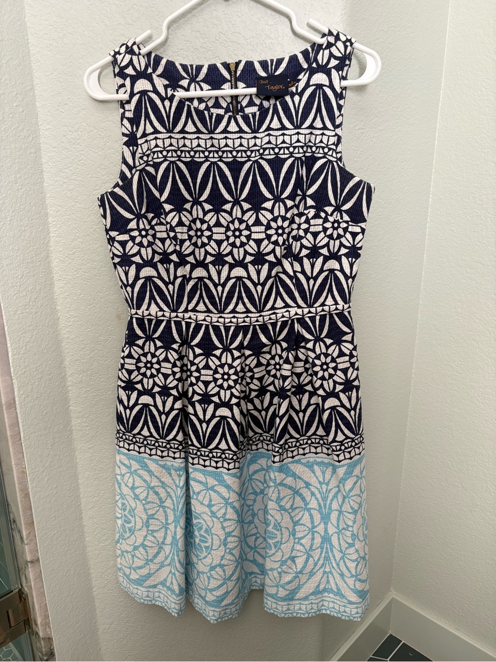 Just...Taylor Navy and Light Blue Patterned Fit-and-Flare Dress